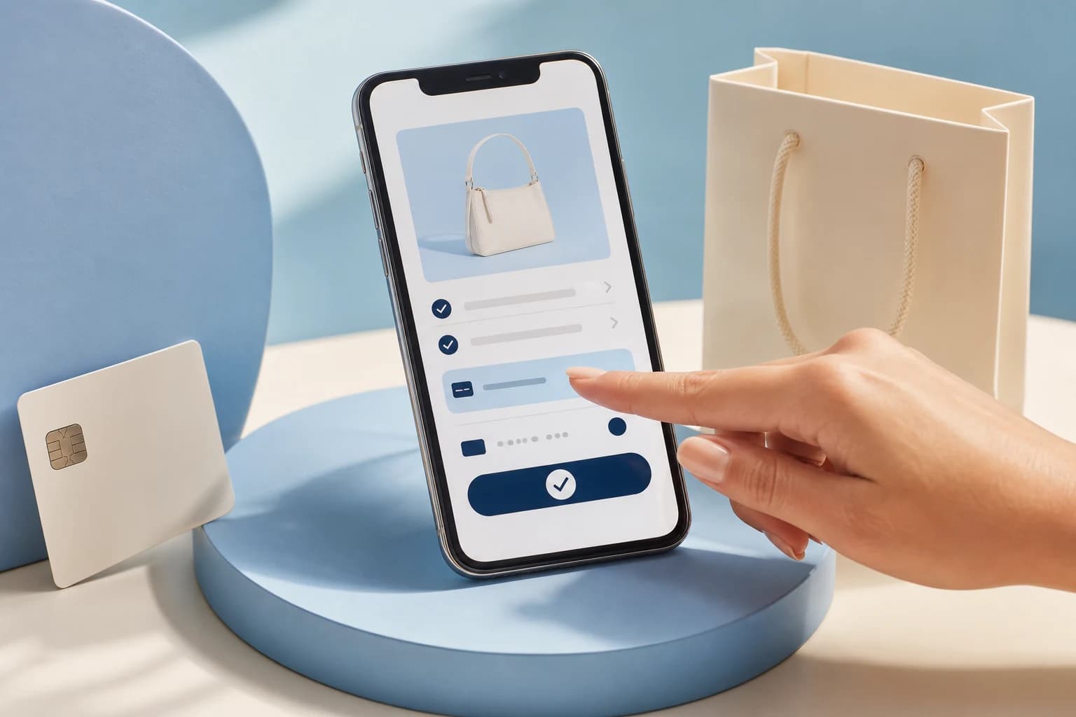 Main testant un achat sur smartphone dans un studio bleu